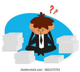 Office worker and a stack of papers on a blue background. Cartoon. Vector illustration.
