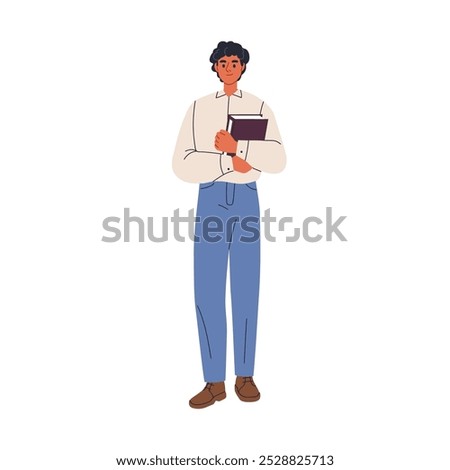 Office worker standing with documents. Male employee, business advisor, man holding folder. Professional, executive manager, clerk portrait. Flat vector illustration isolated on white background