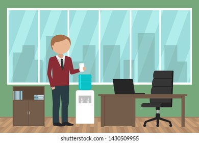 Office worker standing in office and drinking water. Vector illustration.