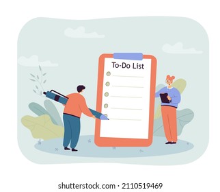 Office worker standing in front of big clipboard with to do list. Man with huge pen and blank checklist flat vector illustration. Time management, organization concept for banner or website design