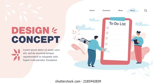 Office worker standing in front of big clipboard with to do list. Man with huge pen and blank checklist flat vector illustration. Time management, organization concept for banner or website design