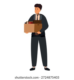 Office worker is standing and holding a box with his personal belongings