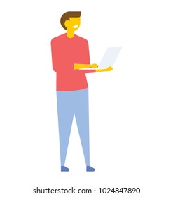 An office worker standing with laptop and working on it, flat vector icon 