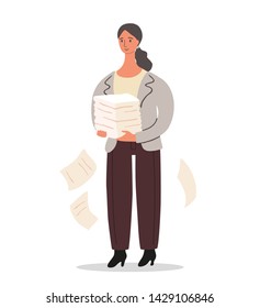 Office worker is standing with a pile of paper in hands. Businesswoman character design isolated on white background, vector cartoon illustration