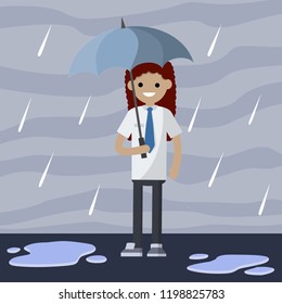 Office worker standing in the rain. A woman in a white shirt and tie in the street with an umbrella. Drops of water fall down. Puddles and autumn weather. Inclement weather
