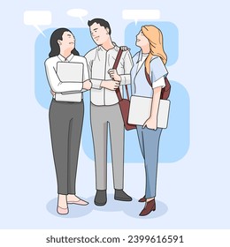 Büroangestellte, die über die Planung sprechen, lächelnd lachen 