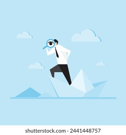 An office worker stands on a paper boat and looks at it with a magnifying glass,vector illustrator.