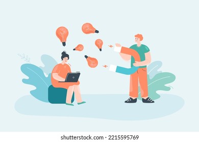 Office worker stealing ideas from colleague with magnet. Woman with laptop, man attracting lightbulbs with magnet flat vector illustration. Creativity, plagiarism concept for banner or landing page