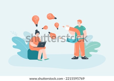 Office worker stealing ideas from colleague with magnet. Woman with laptop, man attracting lightbulbs with magnet flat vector illustration. Creativity, plagiarism concept for banner or landing page