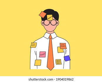 Office worker with a lot of sticky note with urgent work massages on it. Concept of overwork at office, overload working, hard working, Overtime. Flat vector illustration.