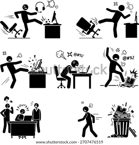 Office Worker Stress, Anger, and Technology Destruction Icons