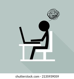 Office worker stressful deadline busy overtime (O.T.) late night with working space table laptop or computer notebook on light gray background flat vector icon design.