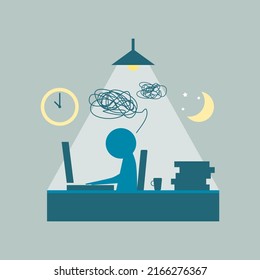 Office Worker Stressful Deadline Busy Overtime (O.T.) Late Night With Working Space Table Laptop Or Computer Notebook Flat Vector Icon Design.