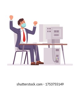 Office worker is stressing out in front of the computer, wearing a face mask