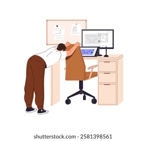 Office worker stretches back with chair at workplace. Freelancer does yoga training at computer desk. Employee with sedentary work does physical exercises. Flat isolated vector illustration on white