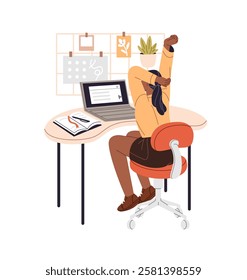 Office worker stretches on chair at home workplace. Freelancer does yoga training, physical exercises at computer desk at break. Employee has sedentary work. Flat isolated vector illustration on white