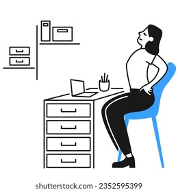 Office worker stretching at desk, back pain flat vector illustration