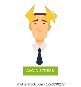 Office worker with strong headache avoid stress isolated vector man in shirt and tie and lightning around head male character suffering from pain or ache discomfort mental condition healthcare.