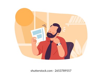 Trabalhador de escritório lutando com o calor de verão dentro de casa ilustração, esgotamento e o conceito de estresse de verão. Design plano, estilo cartoon, vetor isolado no fundo branco