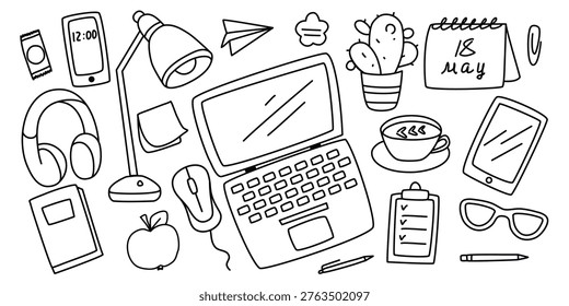 Office worker, student, or pupil workspace doodle illustration. Hand drawn objects on desk set. Laptop, book, glasses, phone, headphones, notebook, desk lamp and other clip art. Vector elements
