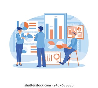 The office worker is studying infographic data. The female manager explains infographic data to colleagues. Data analyst concept. Flat vector illustration.