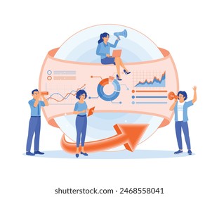 Office worker studying infographic data. Monitor company financial data. Data Analysis concept. Flat vector illustration.