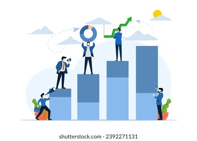 office worker studying infographics on graphs from columns, analyzing evolutionary scale, lifting vector. flat business illustration on white background.