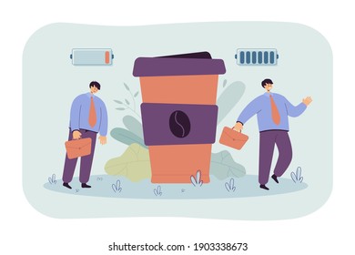 Office worker suffering from caffeine addiction. Man getting energy and charging personal battery from takeaway coffee. Businessman taking cappuccino and getting high