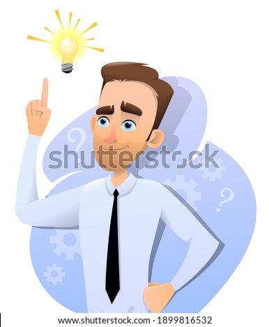 Office worker in a suit with a brilliant idea isolated on white background. Creative idea in cartoon style. Vector illustration