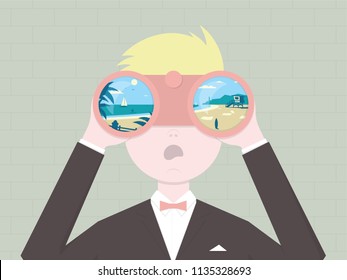 Office Worker in Suit Looks Through Binoculars and Sees Holiday at Sea. Summer Vector Illustration.