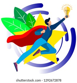 An office worker, a superhero, has a good idea. In minimalist style. Cartoon flat Vector Illustration