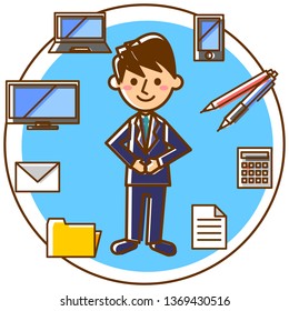Office worker surrounded by business tools. Male office worker in suit. Vector illustration.
