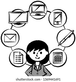 Office worker surrounded by business tools. female office worker in suit. Vector illustration.