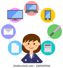 Office worker surrounded by business tools. female office worker in suit. Vector illustration.
