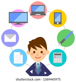 Office worker surrounded by business tools. Male office worker in suit. Vector illustration.
