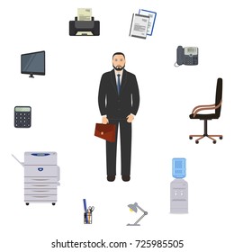 Office worker is surrounded by stationery and office objects. There is a monitor, a printer, a telephone, a calculator, chair, copy machine, lamp and other objects in the picture. Vector illustration