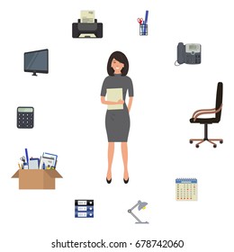 Office worker is surrounded by office supplies. There is a monitor, printer, telephone, calculator, chair, cardboard box with stationery, lamp and other objects in the picture. Vector illustration