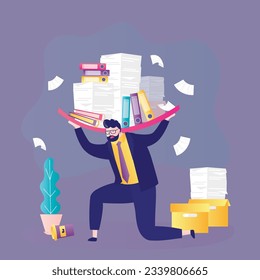 Office worker swamped with paperwork. Overworked businessman with heavy piles of different documents. Burnout, tired person cannot cope with amount of work. Business stress. flat vector illustration