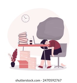 Office worker swamped with work. Giant stone on shoulders of businesswoman. Tired girl sleeping at workplace. Overload, burnout, hard work in office. Corporate slavery. Workplace with piles of papers