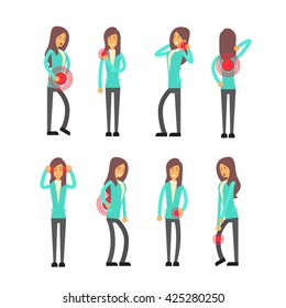Office Worker Syndrome Sick Business Woman Pain Set Collection Flat Vector Illustration
