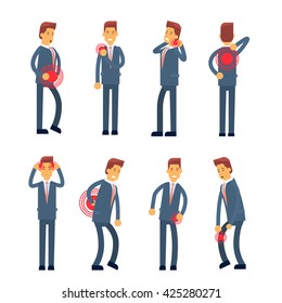 Office Worker Syndrome Sick Business Man Pain Set Collection Flat Vector Illustration