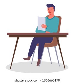 Office worker at the table holding a document in hand. Businessman or a clerk working at his office workplace flat style. Smiling man office worker enterpreneur reads a report on a piece of paper