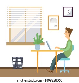 Office worker at the table with a laptop. Businessman or a clerk working at his office workplace flat style illustration. Smiling man enterpreneur, student performs work on a computer side view