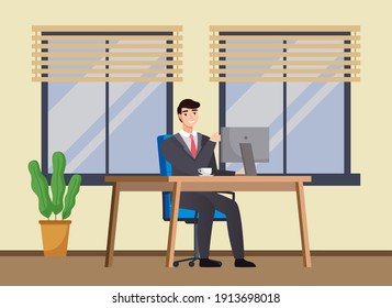 Trabajador de oficina en la mesa con un portátil. Un empresario sonriente o un empleado trabajando en su oficina de trabajo ilustraciones de estilo plano. Hombre feliz vestido con traje de empresario interpreta el trabajo en una computadora