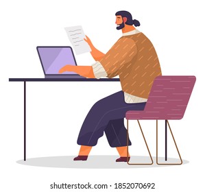 Office worker at the table with paper document in hand. Businessman or a clerk working at his office workplace flat style illustration. Smiling man office worker enterpreneur performs work with laptop