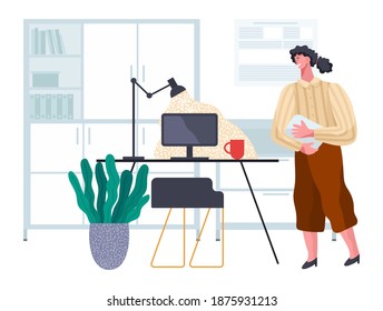 Office worker at the table with paper document in hand. Businesswoman working at her office workplace flat style illustration. Smiling girl manager, enterpreneur doing paperwork near the computer
