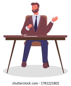Trabajador de oficina en la mesa con un bolígrafo en mano. Empresario o empleado que trabaja en su oficina de trabajo se prepara para grabar. Vector llano sonriente empresario de oficina, jefe firma un documento