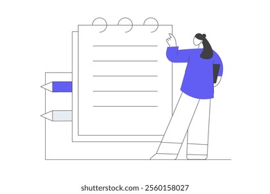 Office worker taking notes. Writing in notepad with pencil, making checklist. Documents concept. Flat Cartoon Vector Illustration, icon. Stylish abstract Blue 