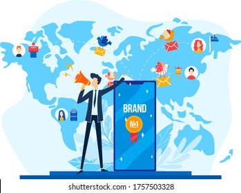 Office worker talk loudspeaker, world famous brand tiny character male marketing megaphone isolated on white, flat vector illustration. Global earth map concept, trademark mobile phone and smartphone.