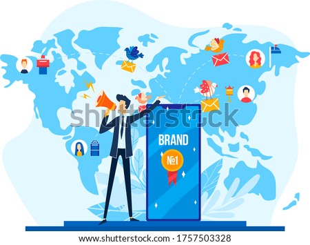Office worker talk loudspeaker, world famous brand tiny character male marketing megaphone isolated on white, flat vector illustration. Global earth map concept, trademark mobile phone and smartphone.